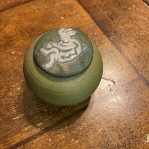 J Diller Pottery Raku Green Kokopelli Trinket With Lid Small 2 Inches Signed